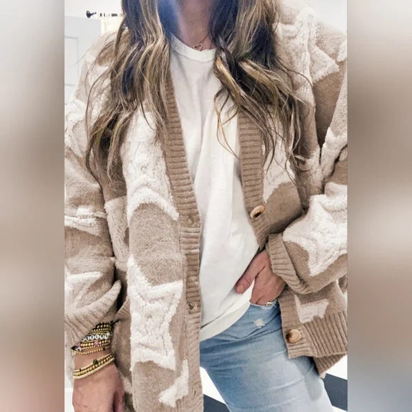 Khaki Sherpa Star Pattern Textured Sweater Cardigan with Pockets - Picture 5 of 16